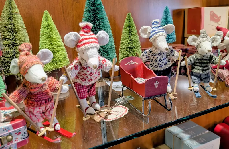 Maileg skiing mice display at First Capitol Trading in St. Charles, Missouri - whimsical Danish collectible toys with holiday charm